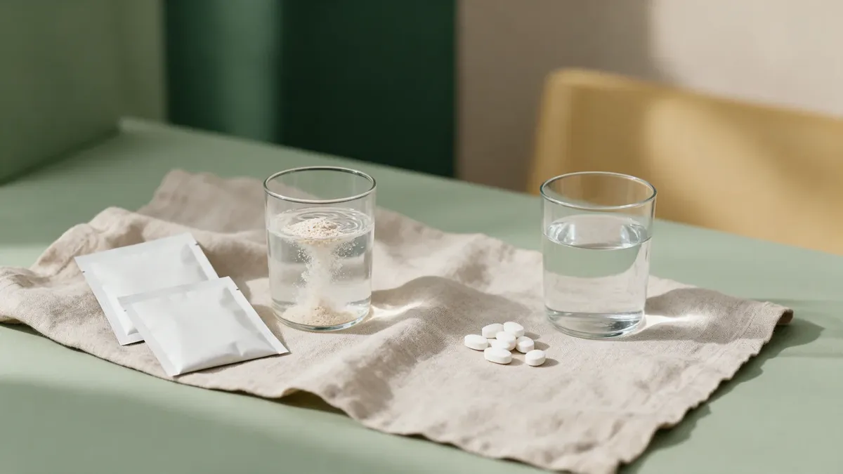 Da un lato due bustine bianche e un bicchiere con polvere che si scioglie, dall'altro alcune compresse bianche e un bicchiere d'acqua naturale.