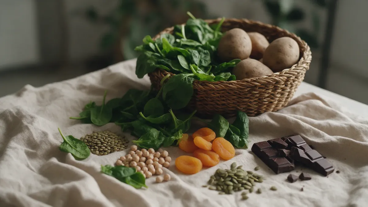 Un cesto con verdure a foglia, patate, albicocche secche, lenticchie, ceci, semi di zucca e pezzi di cioccolato fondente.