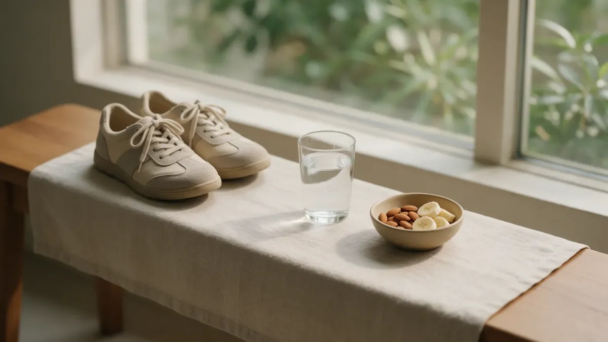 Scarpe da passeggio, un bicchiere d'acqua e una ciotolina di mandorle e banana su una panca di legno vicino alla finestra.