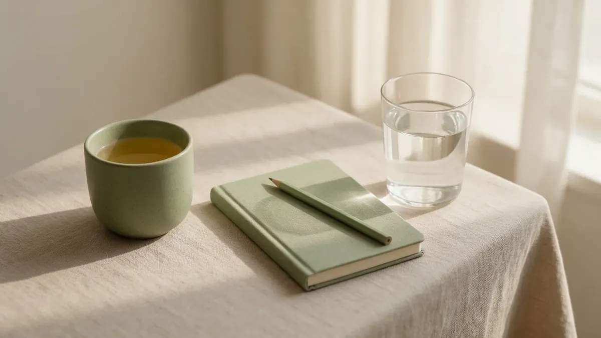 Una tazza di tisana, un taccuino con una matita e un bicchiere d'acqua su una tovaglia di lino vicino alla finestra.
